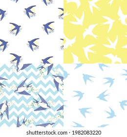 Seamless natural pattern. Many swallows fly in the sky, graphic drawing, wallpaper
