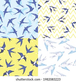 Seamless natural pattern. Many swallows fly in the sky, graphic drawing, wallpaper
