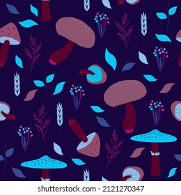 Seamless natural pattern, mushrooms,  neon color, black background. Vector, minimalist, hand drawn. 