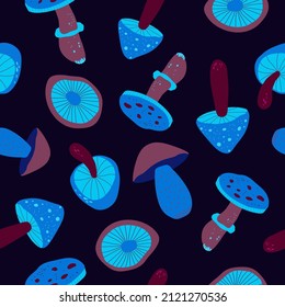 Seamless natural pattern, mushrooms,  neon color, black background. Vector, minimalist, hand drawn. 
