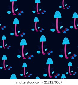 Seamless natural pattern, mushrooms,  neon color, black background. Vector, minimalist, hand drawn. 