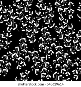 Seamless natural pattern painted by hand. Cute simple sprigs on black background. Vegetation vintage background for textile, cover, wallpaper, gift packaging, printing, scrapbooking.