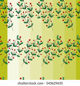Seamless natural pattern painted by hand. Cute simple sprigs on olive striped background. Vegetation vintage background for textile, cover, wallpaper, gift packaging, printing, scrapbooking.