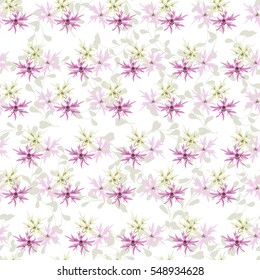 Seamless natural pattern painted by hand. Cute simple flower and fresh sprigs. Floral vintage background for textile, cover, wallpaper, gift packaging, printing, scrapbooking.