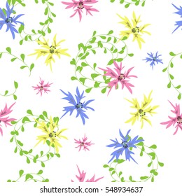 Seamless natural pattern painted by hand. Cute simple flower and fresh sprigs. Floral vintage background for textile, cover, wallpaper, gift packaging, printing, scrapbooking.