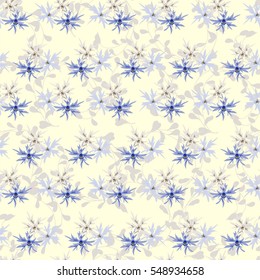 Seamless natural pattern painted by hand. Cute simple flower and fresh sprigs. Floral vintage background for textile, cover, wallpaper, gift packaging, printing, scrapbooking.