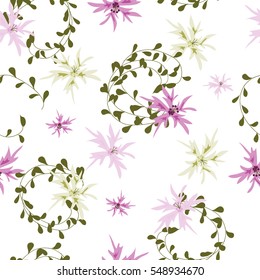 Seamless natural pattern painted by hand. Cute simple flower and fresh sprigs. Floral vintage background for textile, cover, wallpaper, gift packaging, printing, scrapbooking.