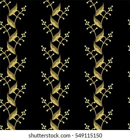 Seamless natural pattern painted by hand. Horizontal stripes of cute simple twigs and leaves. Vegetation vintage background for textile, cover, wallpaper, gift packaging, printing, scrapbooking.