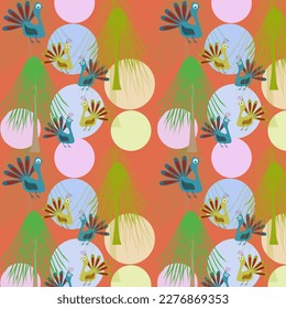 Seamless natural pattern. Peacocks and trees on the orange background