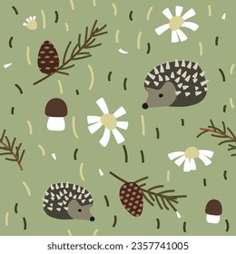 Seamless natural pattern of pine cones, hedgehogs and daisies. Vector illustration