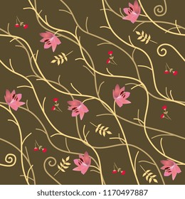 Seamless natural pattern with pink lilies, yellow autumn leaves , little red flowers and abstract branches on dark green background in vector. Print for fabric.