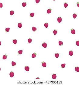 Seamless natural pattern of raspberries on a white background. Elements of the pattern drawn by hand a dark outline and painted bright colors. Vector illustration.