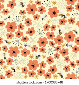 Seamless natural pattern, red flowers, wasp swarm, insects a yellow background. Hand drawing. Design for textiles, wallpapers, printed products. Vector illustration