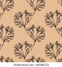 Seamless natural pattern. Red silhouette of flowers on a beige background
