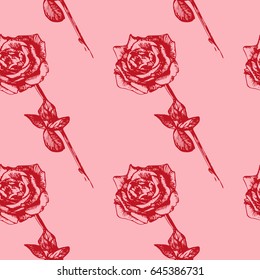 Seamless natural pattern. Red silhouette of flowers roses on a pink background