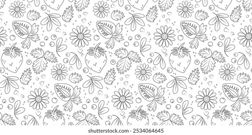 Seamless natural pattern of strawberries, blueberries, chamomile flowers surrounded by leaves. Vector repeating summer pattern coloring book in doodle style. Packaging design, food, products, gardenin