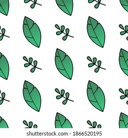 Seamless natural pattern with two types of staggered green leaves on a white background. Freshness, organic, vegetarian concept