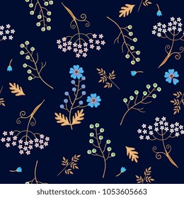 Seamless natural pattern with umbrella and flax flowers, leaves and bird cherry berries isolated on dark blue background in vector. Print for fabric, gift wrapper, wallpaper.