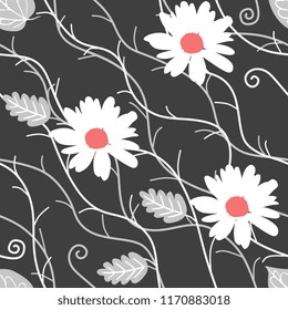 Seamless natural pattern with white daisy flowers, silver leaves and abstract branches on black background in vector. Print for fabric.