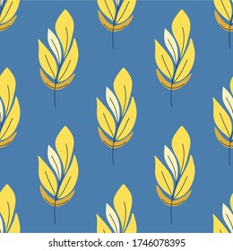 Seamless natural pattern, yellow leaf, blue background. Hand drawing. Design for textiles, wallpapers, printed products. Vector illustration