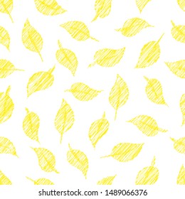 Seamless natural pattern of yellow leaves on a transparent background with stylization for hand-embroidered stitch