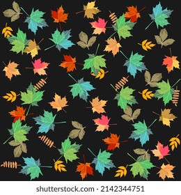Seamless natural print for fabric "Windy day" with green, yellow and red fallen leaves on a black background in vector.