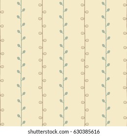 Seamless natural sketch vector pattern. Green brown twigs on yellow background. Hand drawn abstract texture illustration 