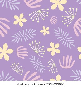 Seamless natural summer floral pattern, abstract flowers and leaves on a white background. Hand drawing. Design for textiles, wallpapers, printed products. Vector illustration