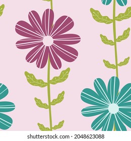 Seamless natural summer floral pattern, abstract flowers and leaves on a blue background. Hand drawing. Design for textiles, wallpapers, printed products. Vector illustration