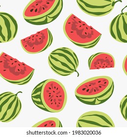 Seamless natural summer pattern,  watermelons on a white background. Hand drawing. Design for textiles, wallpapers, printed products. Vector illustration