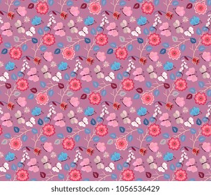 Seamless natural summer print with butterflies, branchs, leaves and flowers on light purple background in vector. 