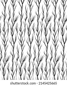 Seamless natural vector pattern with black silhouette of twigs and sprigs on a white background. Fabric swatch with leafless branches. Monochrome wooded texture.