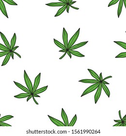 Seamless natural vector pattern. Cartoon hand drawn marijuana on white background. Doodle flat illustration for textile, wallpaper, clothes. Green cannabis leaf