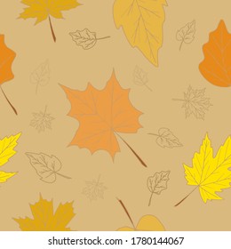 Seamless nature autumn season pattern with hand drawing different fall leaves for greetin card decoration. Vector EPS 10