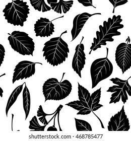 Seamless Nature Background with Black Pictogram Tree Leaves, Oak, Willow, Liquidambar, Hawthorn, Poplar, Aspen, Hazel, Ginkgo Biloba, Elm, Birch, Alder, Linden, Hornbeam, Chokeberry and Lilac. Vector