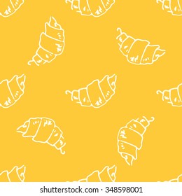 Seamless nature background with croissant. Fresh organic food. Croissant vintage pattern. Hand-drawn sketch of croissant.