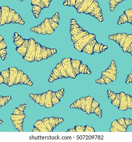 Seamless nature background with croissant. Fresh organic food. Croissant vintage pattern.