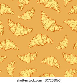 Seamless nature background with croissant. Fresh organic food. Croissant vintage pattern.