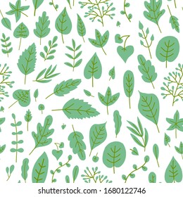 Seamless nature background with doodle plants. Hand drawn leaves pattern