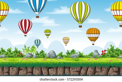 Seamless nature background with hot air balloons. Vector illustration with separate layers.
