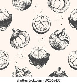 Seamless nature background with mangosteen. Fresh organic food. Fruits vintage pattern. Hand-drawn sketch of mangosteens. Black and white.