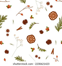 Seamless nature background with tree branches, badjan, dried orange, cinnamon, cranberry, rosehip. Christmas floral pattern. Winter holiday repeating print for wrapping and fabric. Vector illustration