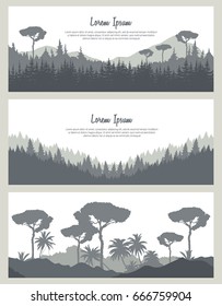 Seamless nature backgrounds set. Horizontal banners with mountains and trees. Travel concept. Vector illustrations.