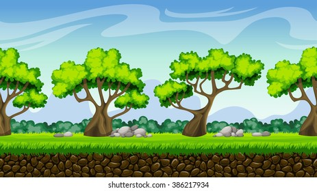 Seamless nature cartoon background, vector illustration with separate layers