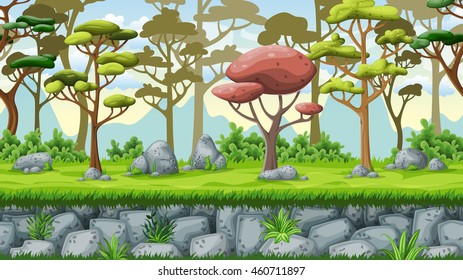 Seamless nature cartoon background, vector illustration with separate layers