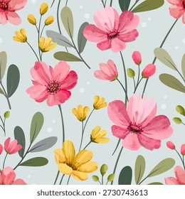 Seamless nature design featuring a pink and yellow floral vector pattern with spring blossoms and rose leaves for a beautiful summer wallpaper illustration