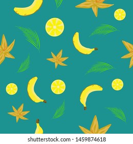Seamless nature fruit banana lemon leaves flower floral pattern decorative endless repeat background for textile, wrapping paper or fabric print