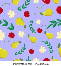 Seamless nature fruits pattern pears cherries leaves flowers natural floral repeat background texture for print, wrapping, textile