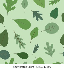 Seamless nature green pattern with hand drawing different summer leaves for greetin card decoration. Vector EPS 10