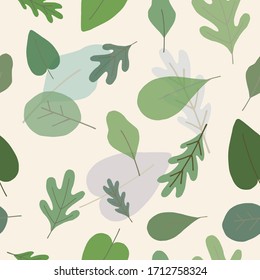 Seamless nature green pattern with hand drawing different summer leaves for greetin card decoration. Vector EPS 10